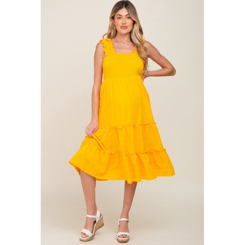 Yellow Smocked Square Neck Ruffle Strap Tiered Maternity Midi Dress