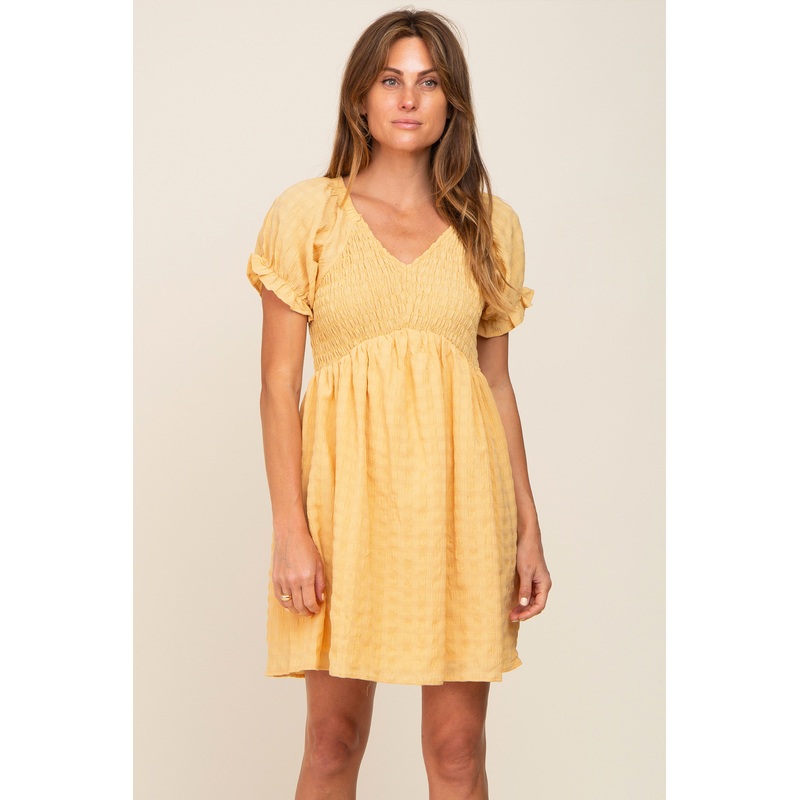 Yellow Smocked Textured V-Neck Dress