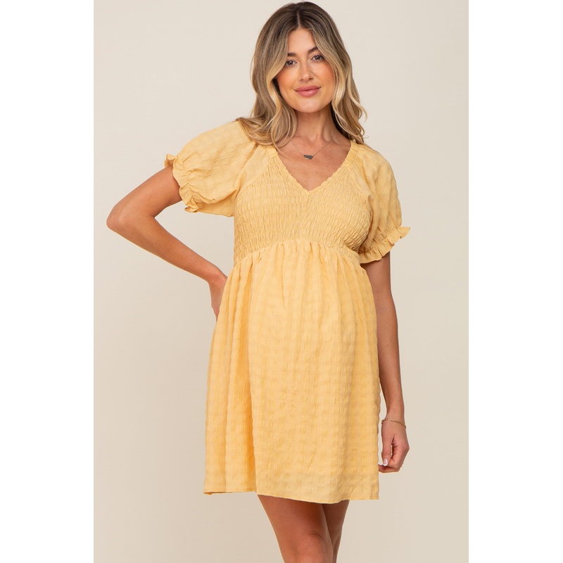 Yellow Smocked Textured V-Neck Maternity Dress