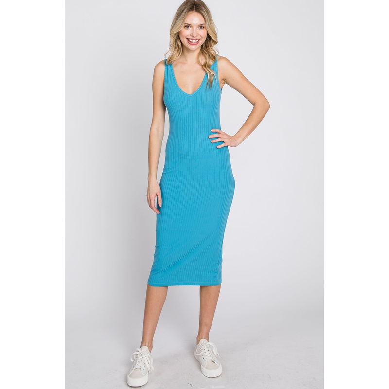 Aqua Sleeveless Ribbed Knit Fitted Dress