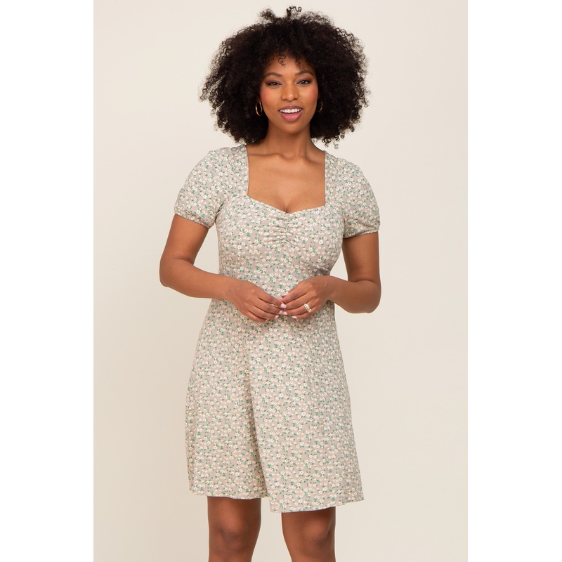 Beige Floral Criss Cross Back A-Line Dress