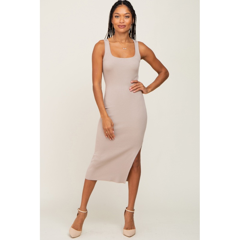Beige Knit Fitted Midi Dress