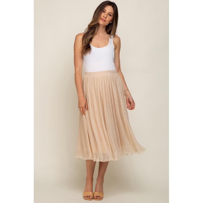 Beige Pleated Maternity Midi Skirt