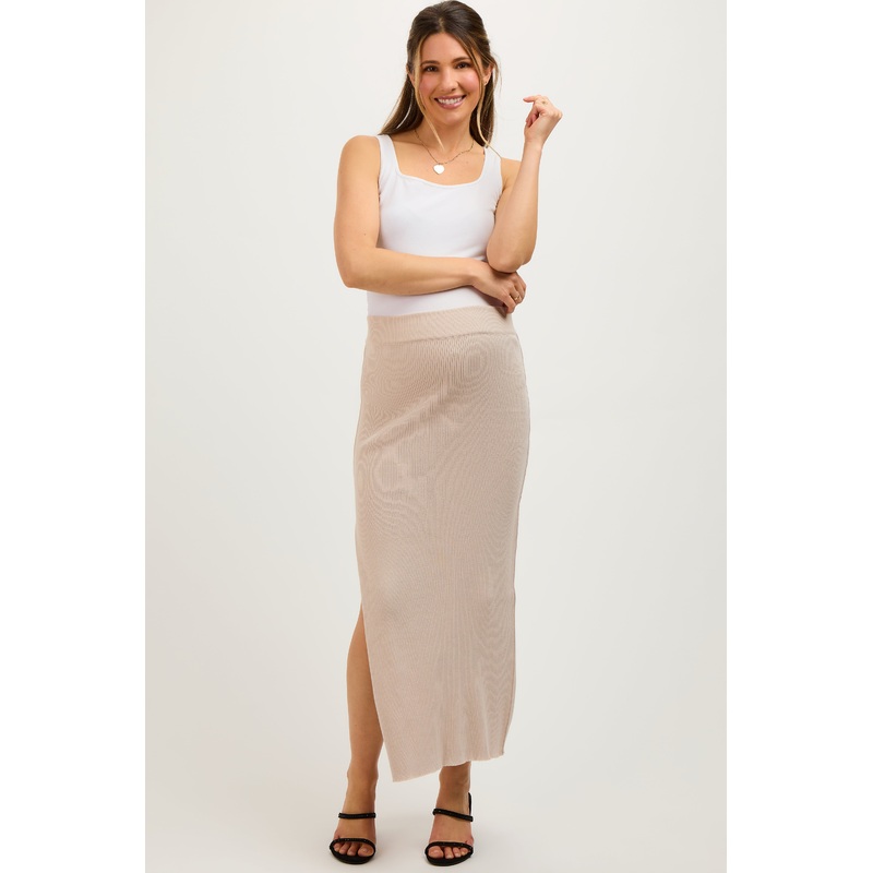 Beige Ribbed Knit Side Slit Maternity Midi Dress