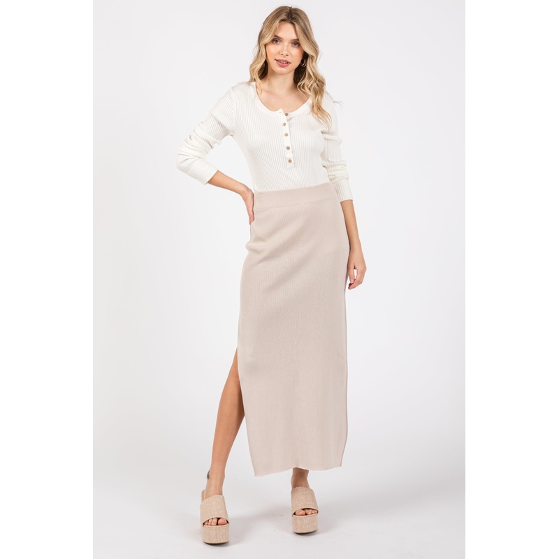 Beige Ribbed Knit Side Slit Midi Dress