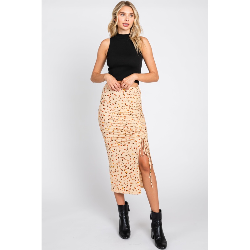 Beige Ribbed Side Slit Drawstring Midi Skirt