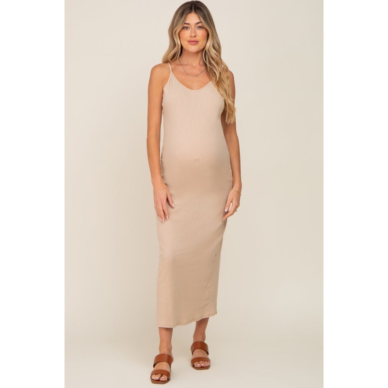 Beige Ribbed Sleeveless Maternity Maxi Dress