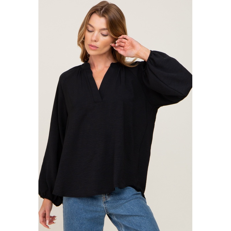Black Basic V-Neck Blouse