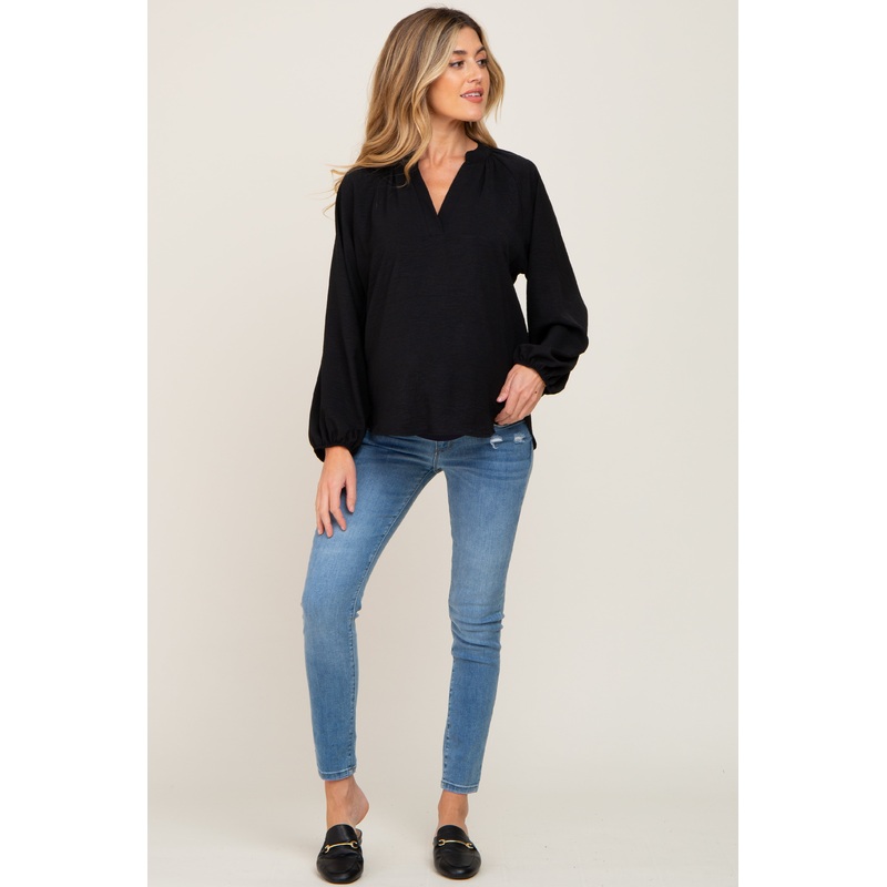 Black Basic V-Neck Maternity Blouse