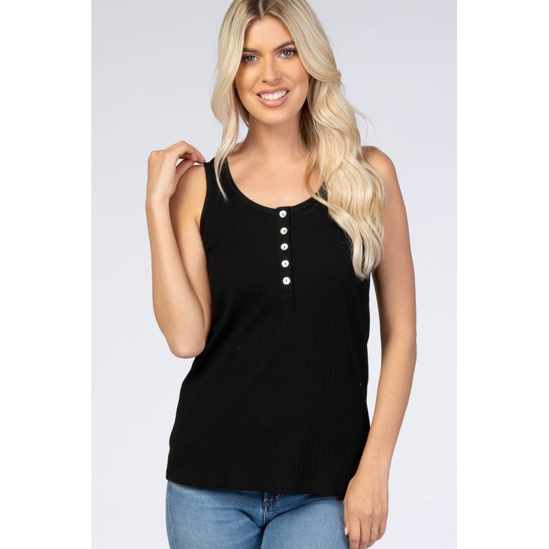 Black Ribbed Button Front Tank Top
