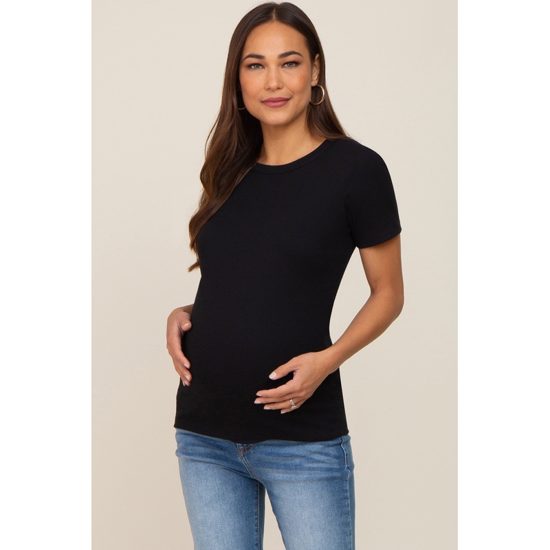 Black Ribbed Short Sleeve Maternity Top