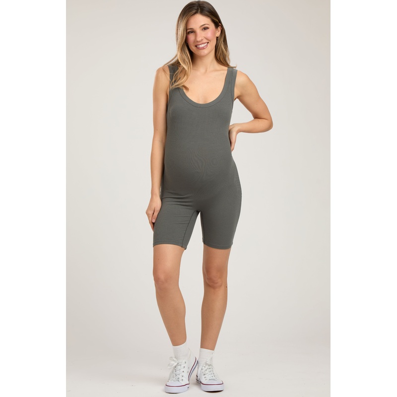Grey Sleeveless Ribbed Biker Short Maternity Romper