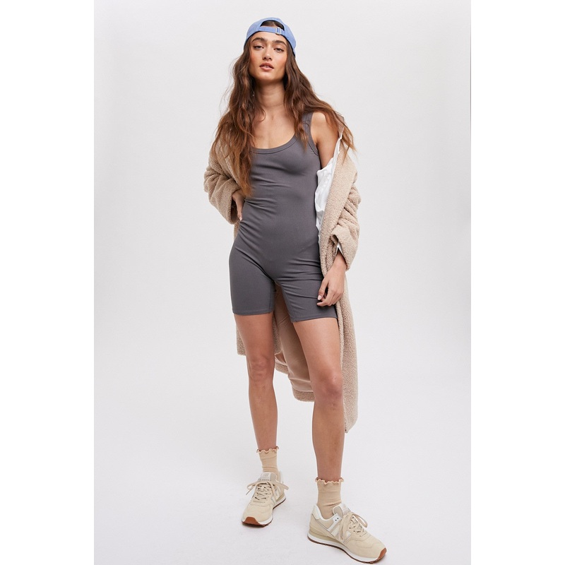 Grey Sleeveless Ribbed Biker Short Romper