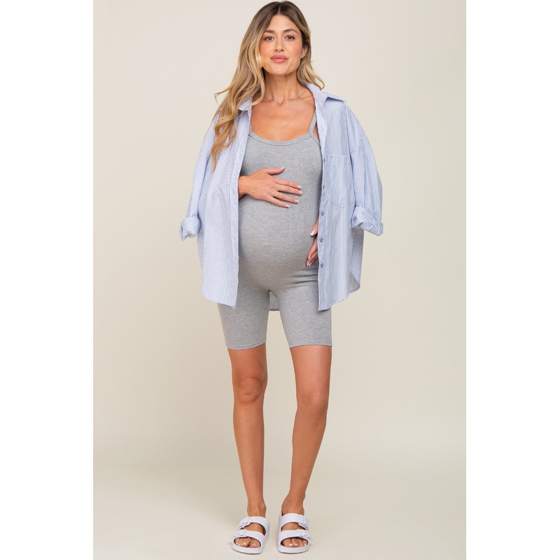 Heather Grey Rib Knit Sleeveless Maternity Romper