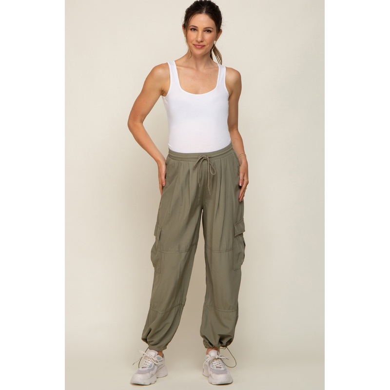 Olive Drawstring Waist Maternity Cargo Pants