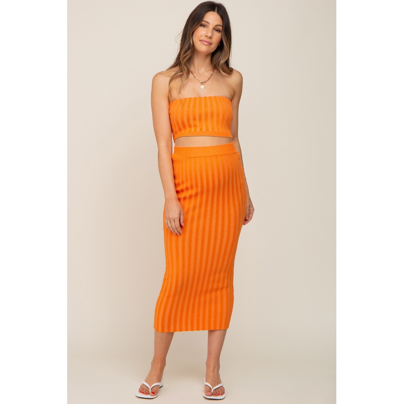 Orange Ribbed Strapless Two Piece Maternity Skirt Set