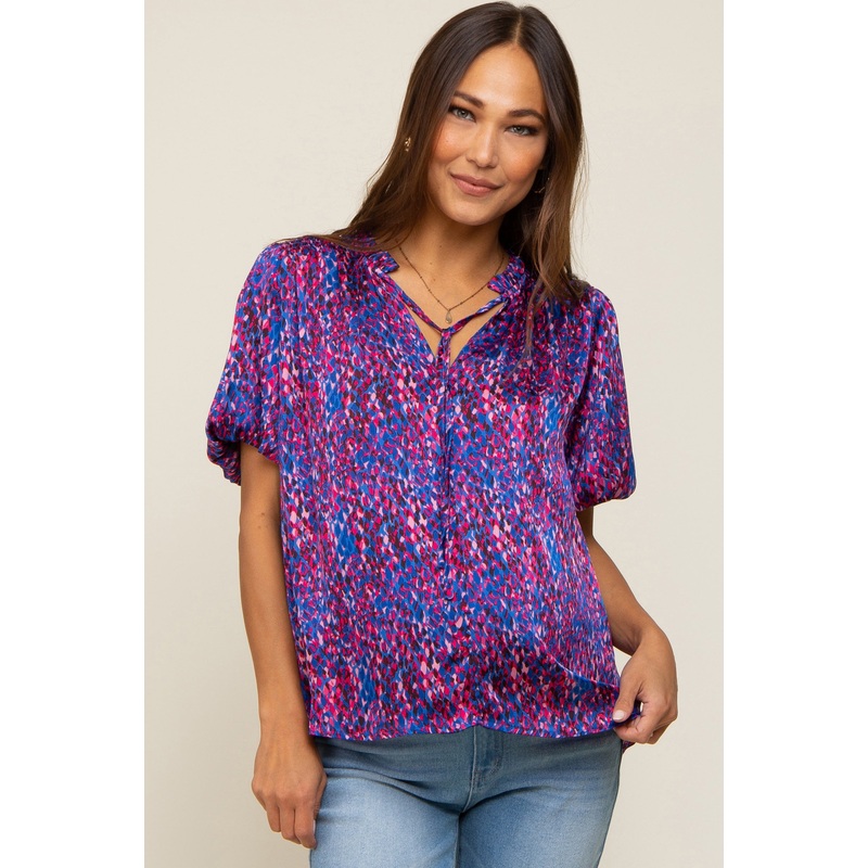 Royal Blue Printed Front Tie Puff Sleeve Maternity Blouse