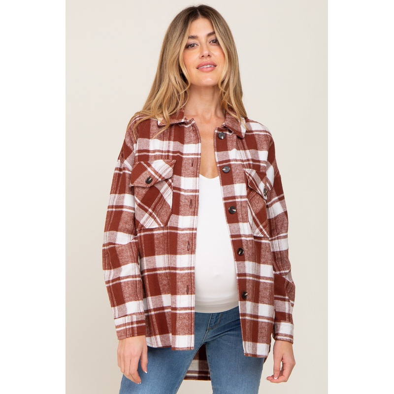 Rust Plaid Maternity Shirt Jacket