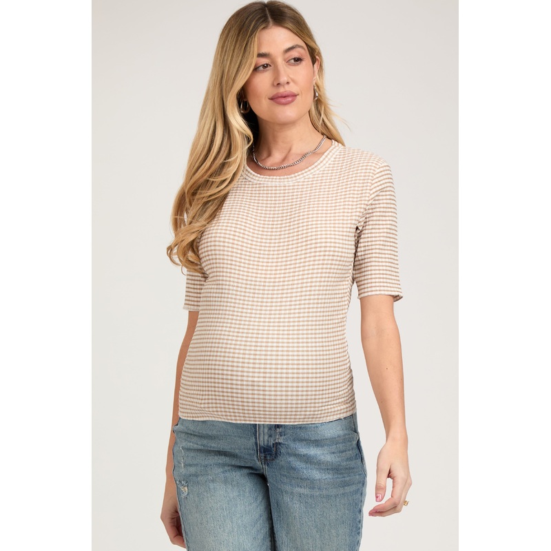 Taupe Striped Short Sleeve Maternity Top