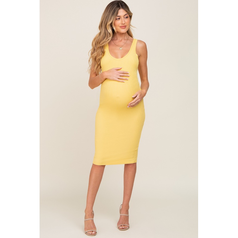 Yellow Rib Knit Basic Sleeveless Maternity Dress