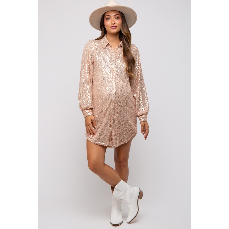 Beige Sequin Long Sleeve Maternity Shirt Dress