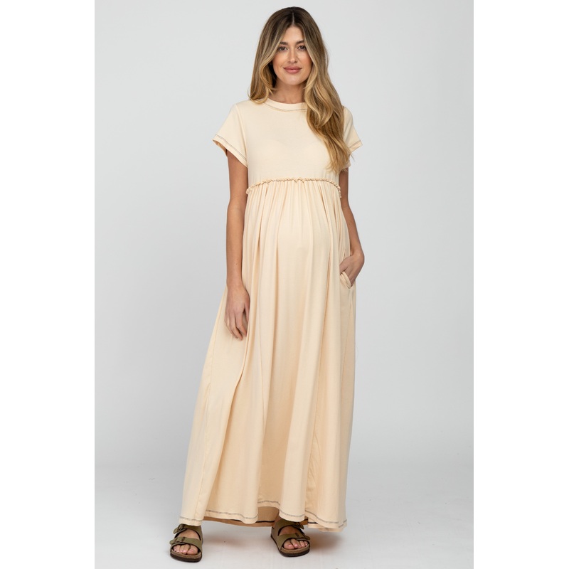 Beige Short Sleeve Babydoll Maternity Maxi Dress