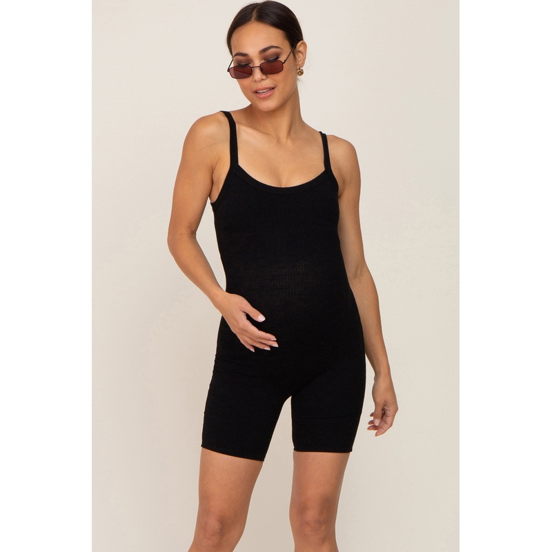 Black Ribbed Bodycon Maternity Romper