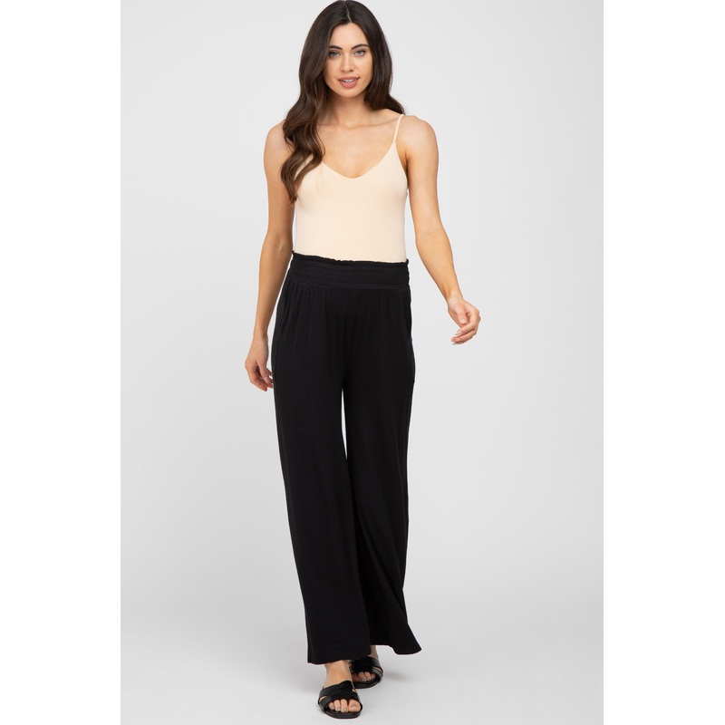 Black Smocked Waist Wide Leg Maternity Lounge Pants