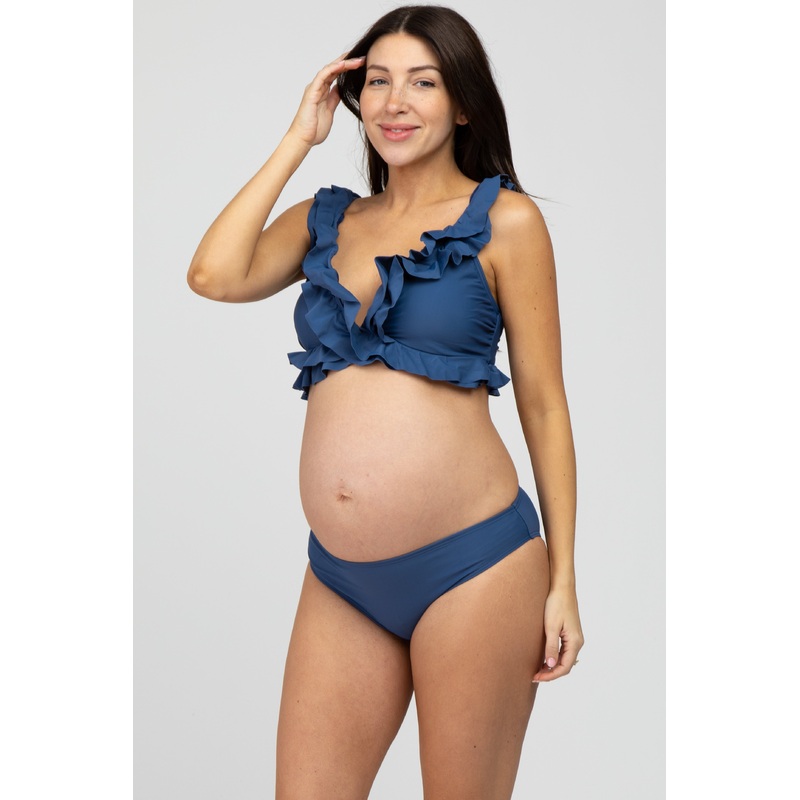 Blue Ruffle Accent Maternity Bikini Set