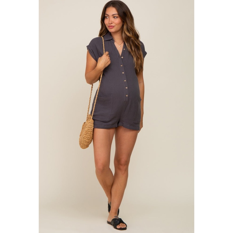 Charcoal Gauze Button Up Front Pocket Maternity Romper