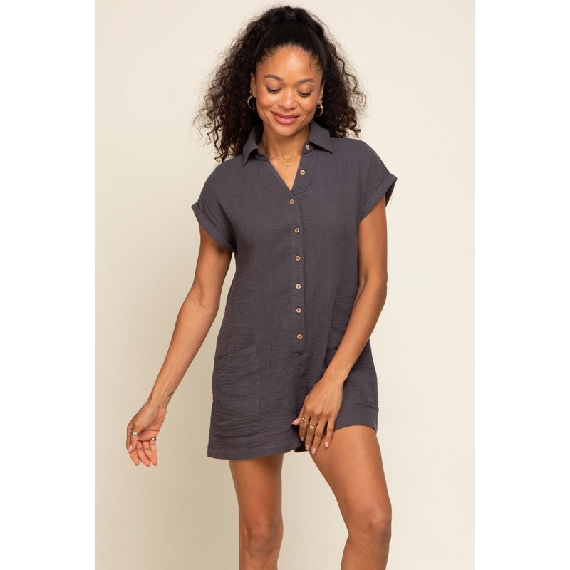 Charcoal Gauze Button Up Front Pocket Romper