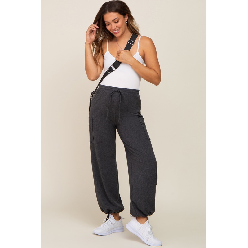 Charcoal Side Pocket Drawstring Ankle Tie Maternity Lounge Pants