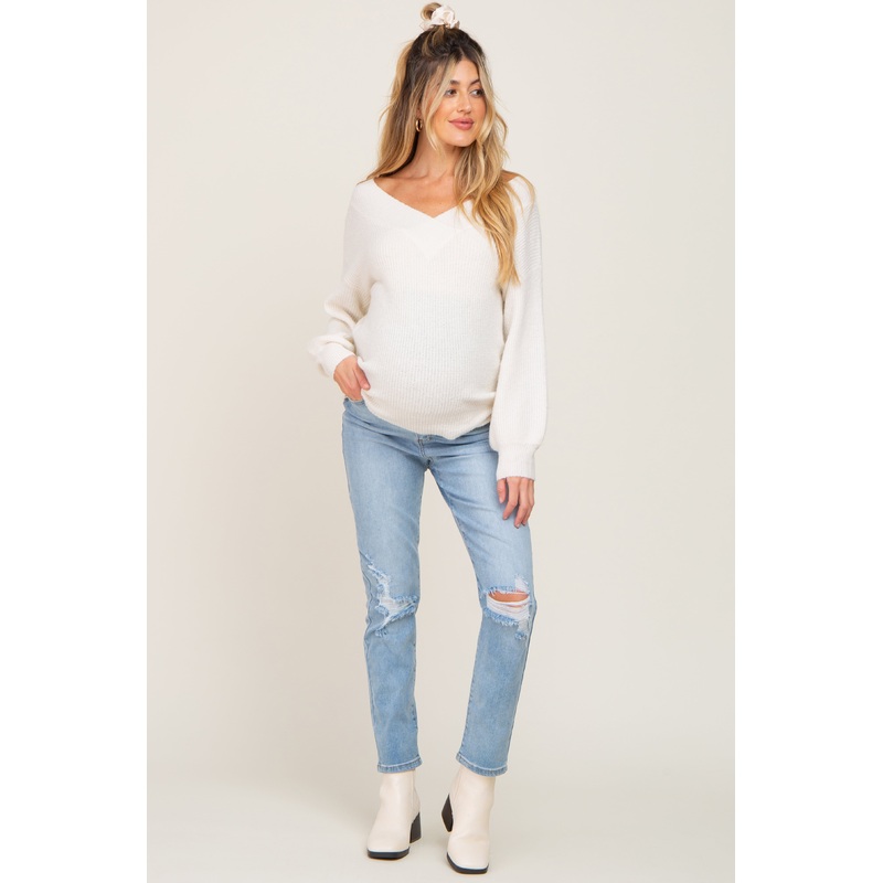 Light Blue Ripped Knee Maternity Skinny Jeans