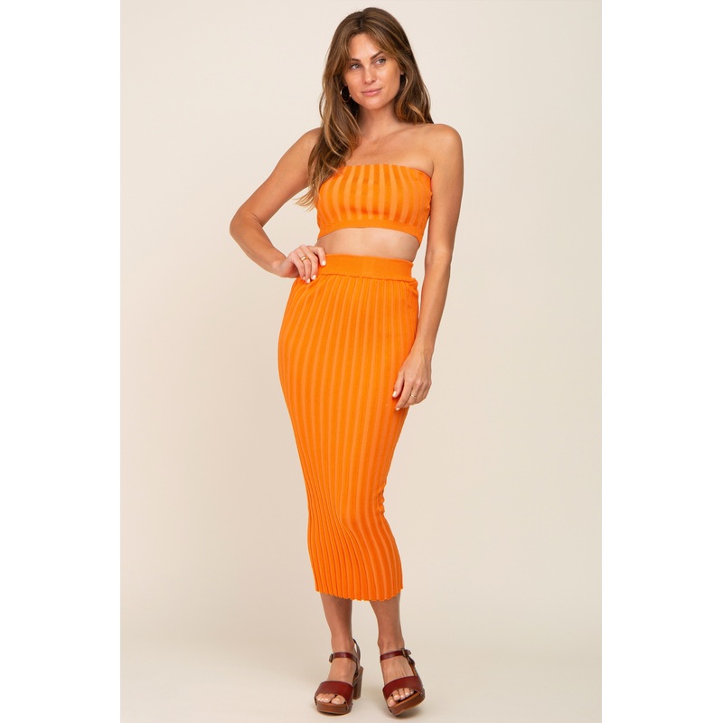 Orange Ribbed Strapless Two Piece Skirt Set