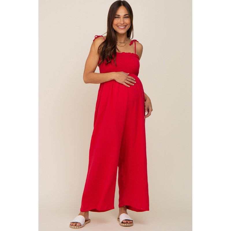 Red Sleeveless Cropped Maternity Jumpsuit