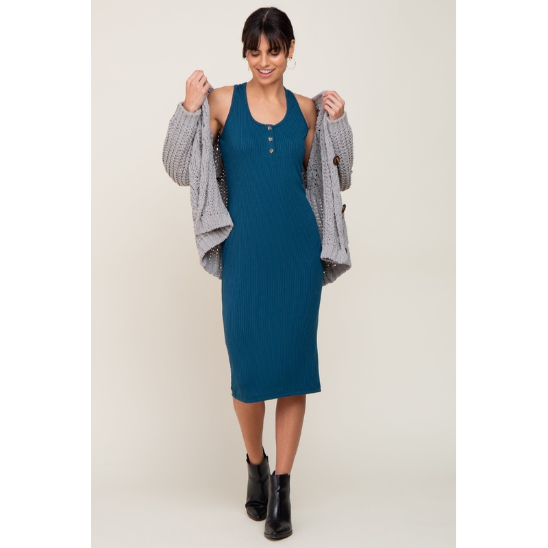 Teal Rib Knit Button Front Midi Dress