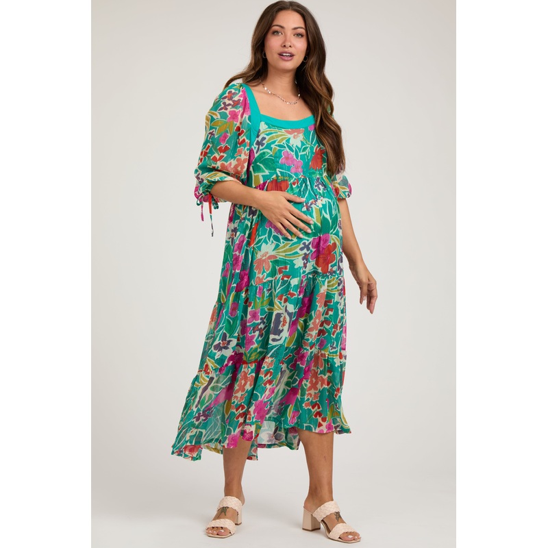 Turquoise Floral Half-Length Sleeve Tie Maternity Midi Dress