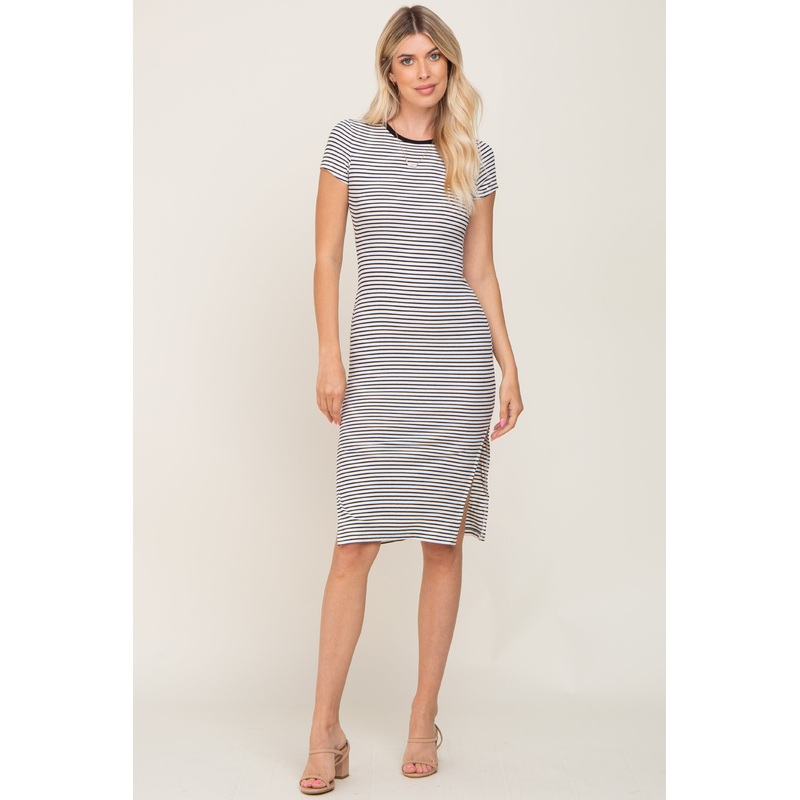 White Striped Side Slit Fitted Midi Dress