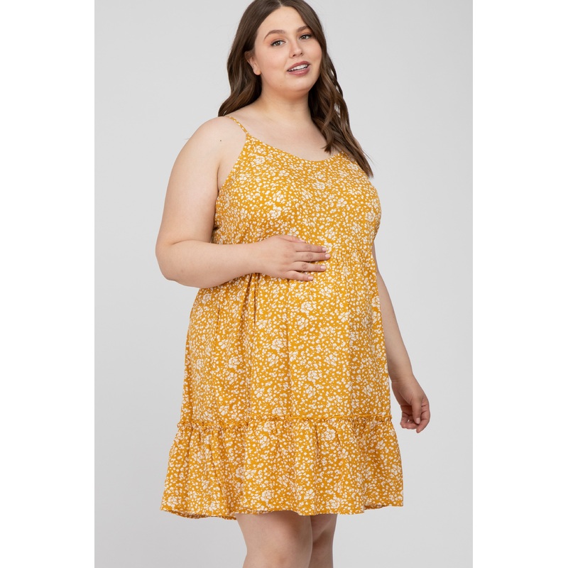 Yellow Floral Ruffle Hem Maternity Plus Dress