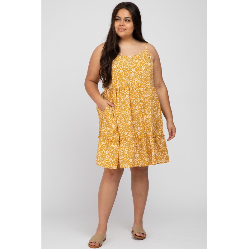 Yellow Floral Ruffle Hem Plus Dress