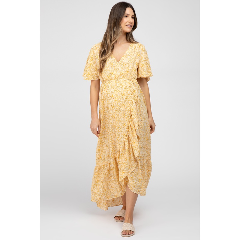 Yellow Floral Wrap Maternity Midi Dress