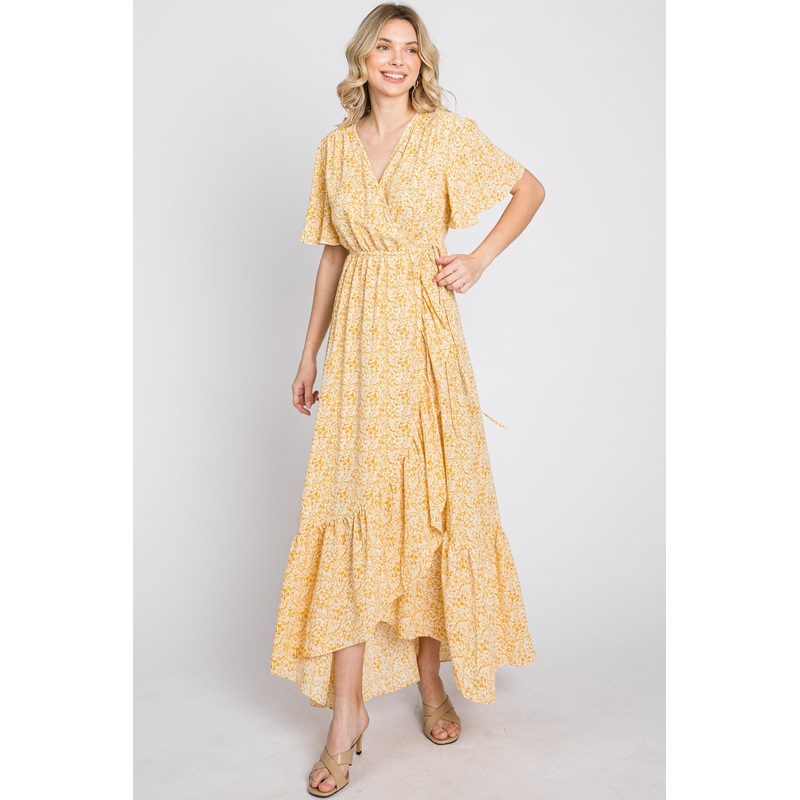 Yellow Floral Wrap Midi Dress