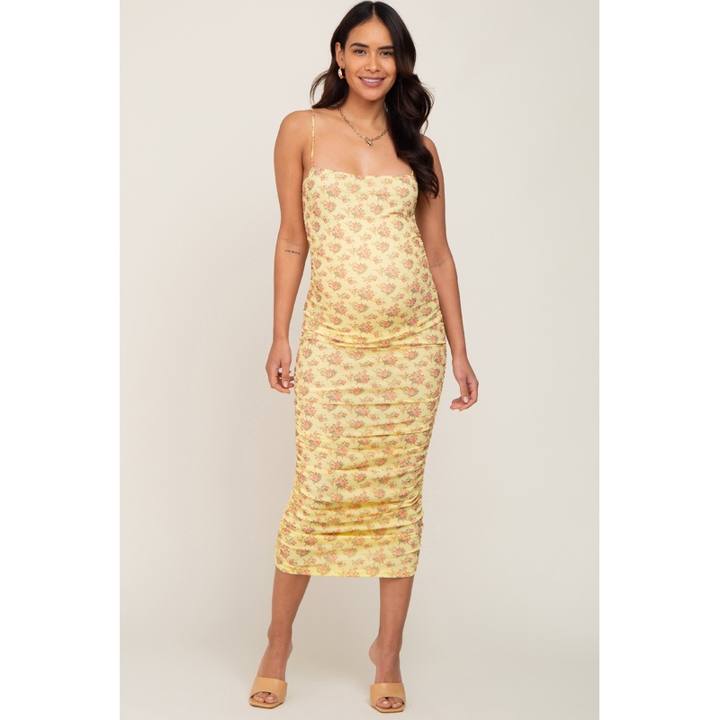 Yellow Mesh Ruched Maternity Fitted Dress