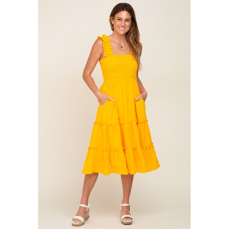 Yellow Smocked Square Neck Ruffle Strap Tiered Midi Dress
