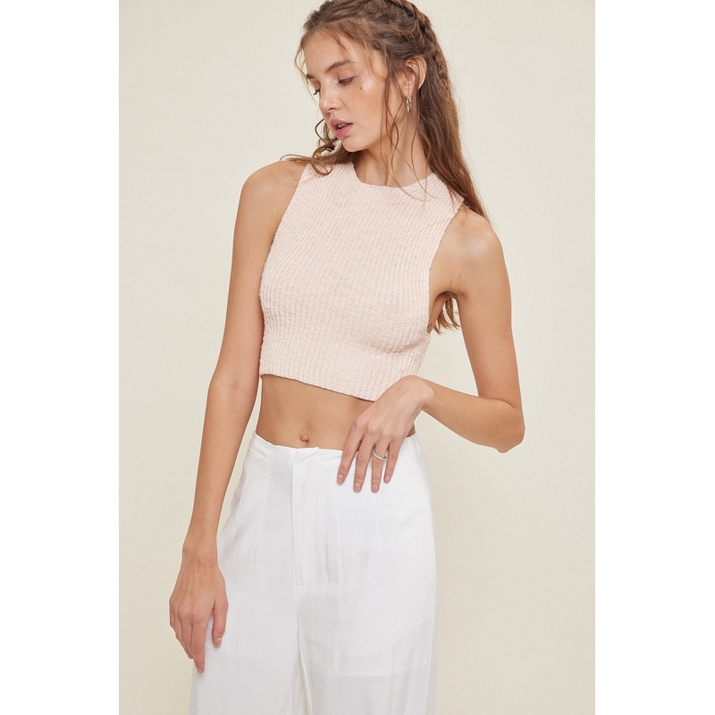 Apricot Multi Cross Back Ribbon Tied Backless Sweater Tank Top