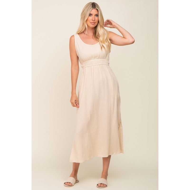 Beige Lightweight Sleeveless Open Back Maxi Dress