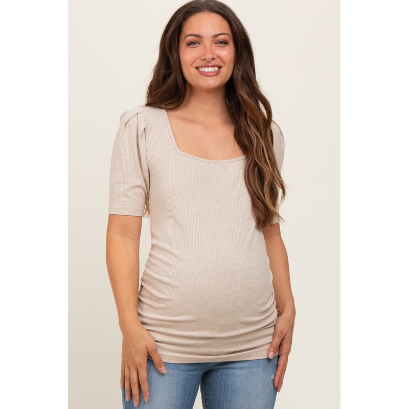 Beige Ribbed Ruched Square Neck Puff Sleeve Maternity Top