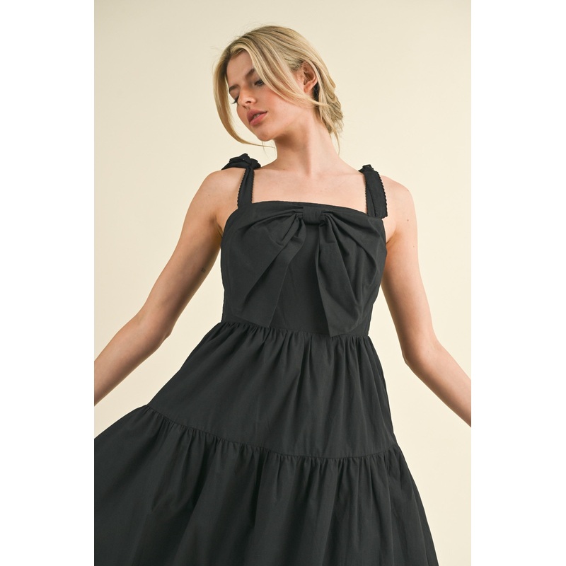 Black Bow Front Scalloped Midi Dress