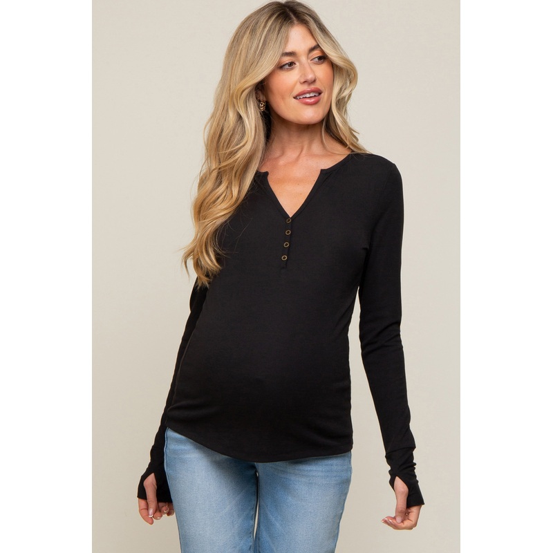 Black Button Front Long Sleeve Maternity Top
