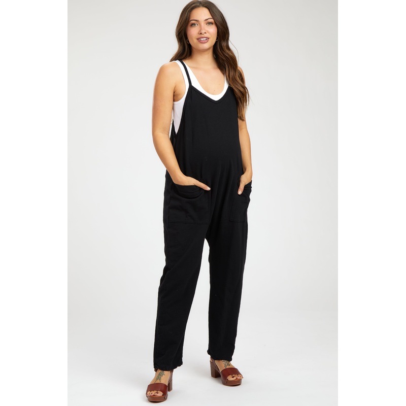 Black Knit Front Pocket Maternity Overall